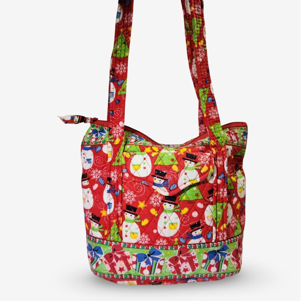 Christmas Snowman Shoulder Bag Red Quilted Purse Zipper Close Med Tote Tree READ